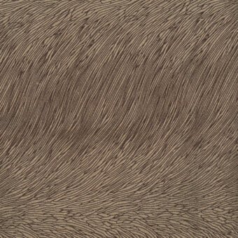 Woven fabric sample, brown and beige, with dense irregular linear pattern and subtle sheen; label reads “turri > fabric cat. b > 725 a.”